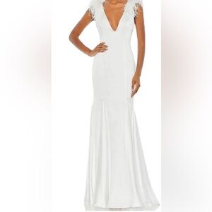 Mac Duggal White Feather-Trim Satin Maxi Gown